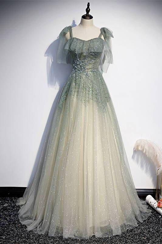 Tie Shoulders Green A-line Long Dress