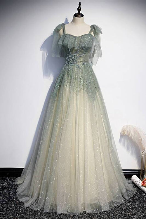 Tie Shoulders Green A-line Long Dress