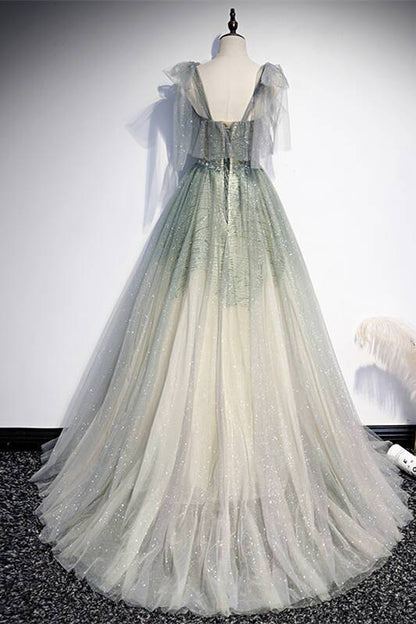 Tie Shoulders Green A-line Long Dress