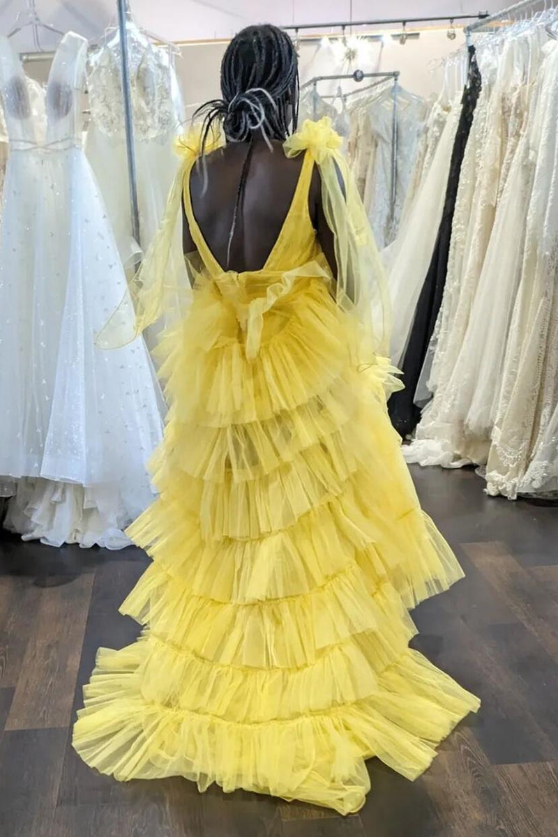 Tie Shoulders Yellow Tulle Ruffle Long Party Dress