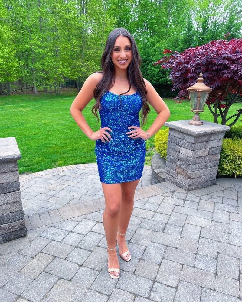 Tight Red Sequins Short Party Dress with Lace Up Back Homecoming dress , AST1148