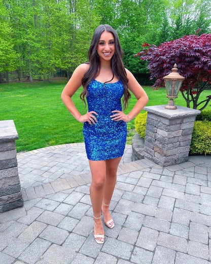 Tight Red Sequins Short Party Dress with Lace Up Back Homecoming dress , AST1148