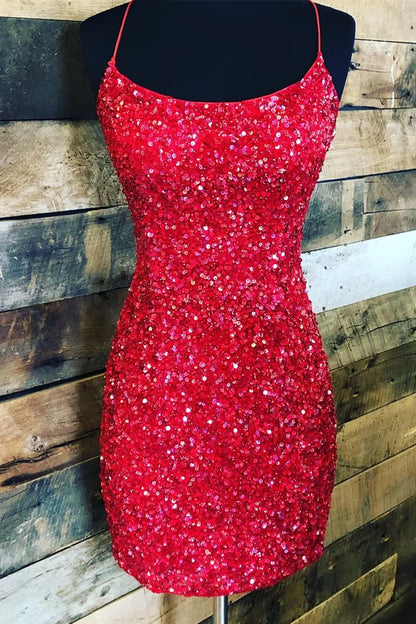Tight Red Sequins Short Party Dress with Lace Up Back Homecoming dress , AST1148