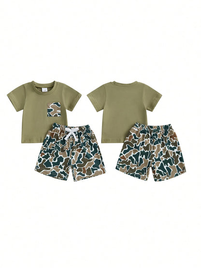Toddler Baby Boys Summer Outfit, Short Sleeve Crew Neck T-Shirt Tops With Camouflage Shorts 2Pcs Clothes Set