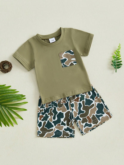 Toddler Baby Boys Summer Outfit, Short Sleeve Crew Neck T-Shirt Tops With Camouflage Shorts 2Pcs Clothes Set