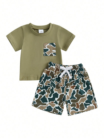 Toddler Baby Boys Summer Outfit, Short Sleeve Crew Neck T-Shirt Tops With Camouflage Shorts 2Pcs Clothes Set