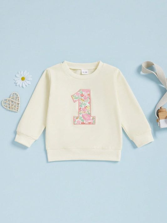 Toddler Baby Girls Birthday Sweatshirt Fashionable Long Sleeve Floral Letters Printed Crew Neck Tops