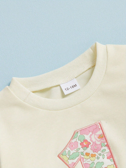 Toddler Baby Girls Birthday Sweatshirt Fashionable Long Sleeve Floral Letters Printed Crew Neck Tops