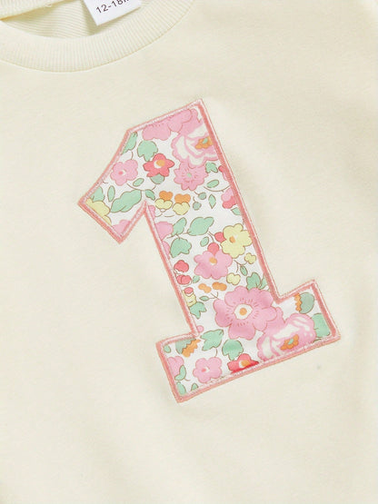 Toddler Baby Girls Birthday Sweatshirt Fashionable Long Sleeve Floral Letters Printed Crew Neck Tops