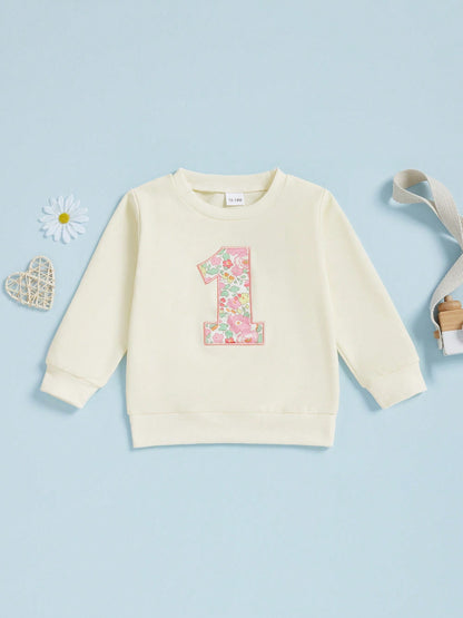 Toddler Baby Girls Birthday Sweatshirt Fashionable Long Sleeve Floral Letters Printed Crew Neck Tops