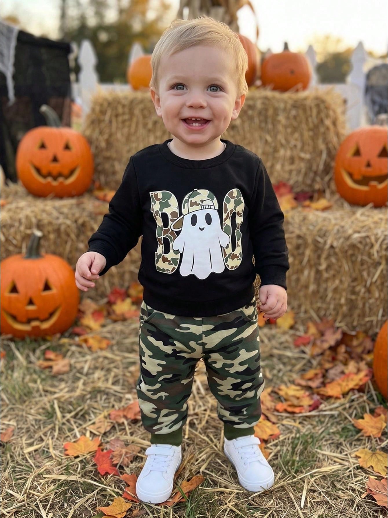 Toddler Boy Halloween Outfits Ghost Print Crew Neck Sweatshirt And Pants