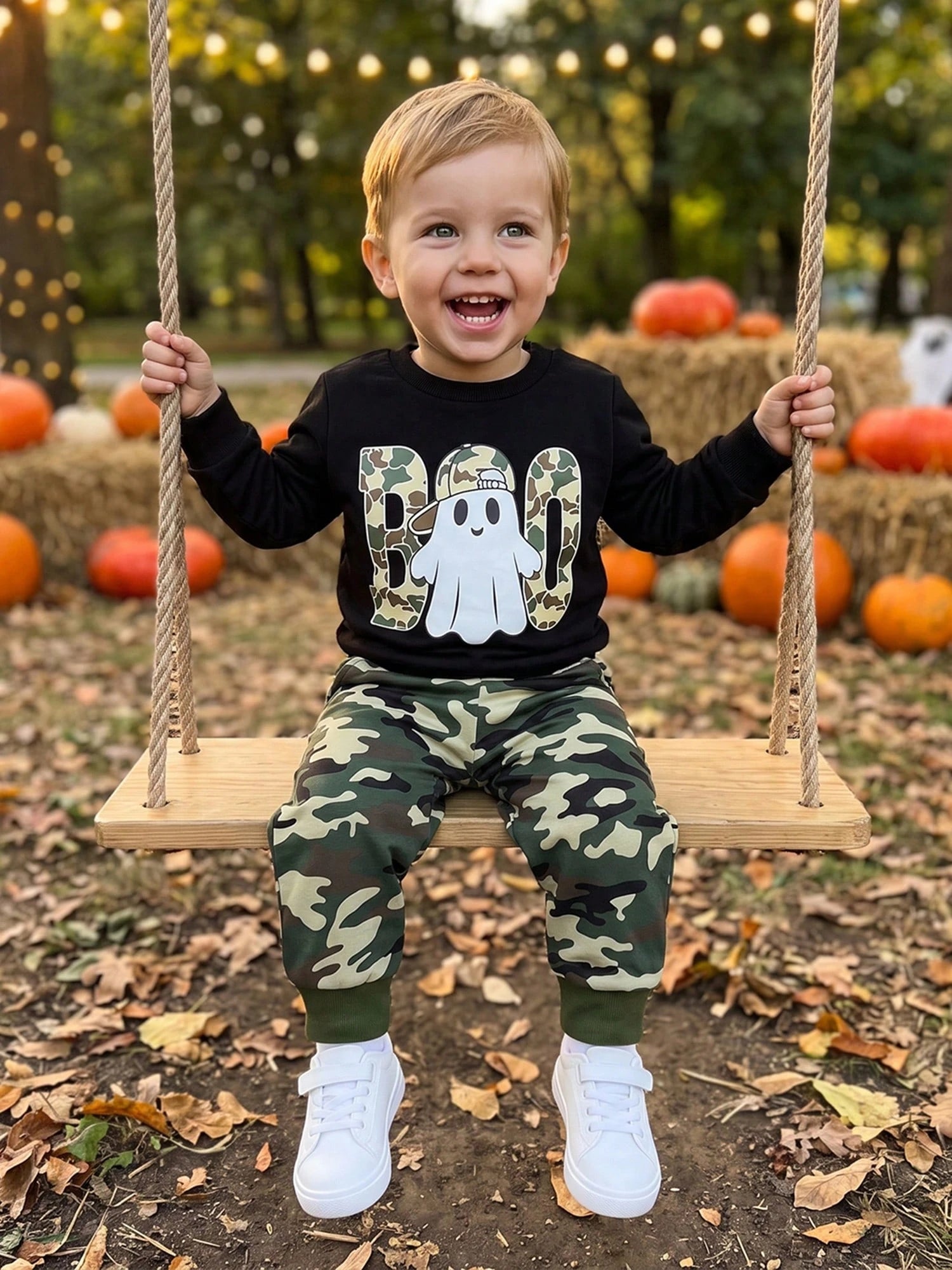 Toddler Boy Halloween Outfits Ghost Print Crew Neck Sweatshirt And Pants
