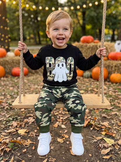 Toddler Boy Halloween Outfits Ghost Print Crew Neck Sweatshirt And Pants