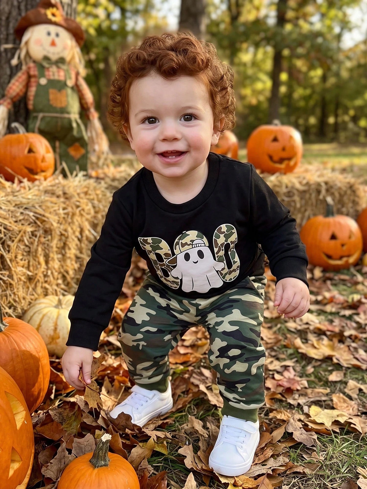 Toddler Boy Halloween Outfits Ghost Print Crew Neck Sweatshirt And Pants