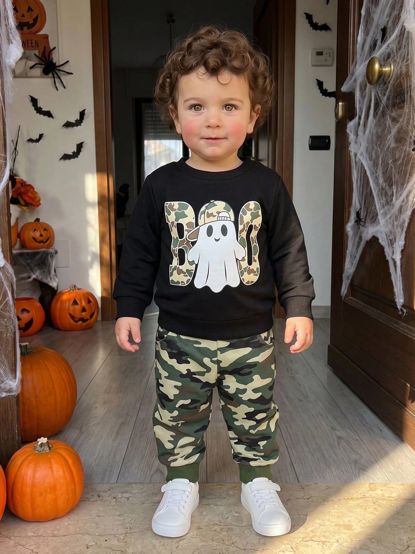 Toddler Boy Halloween Outfits Ghost Print Crew Neck Sweatshirt And Pants