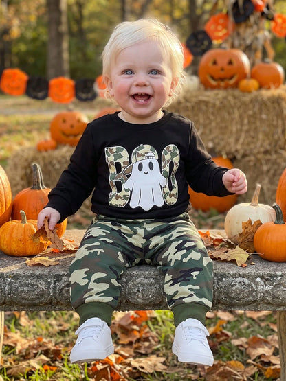 Toddler Boy Halloween Outfits Ghost Print Crew Neck Sweatshirt And Pants