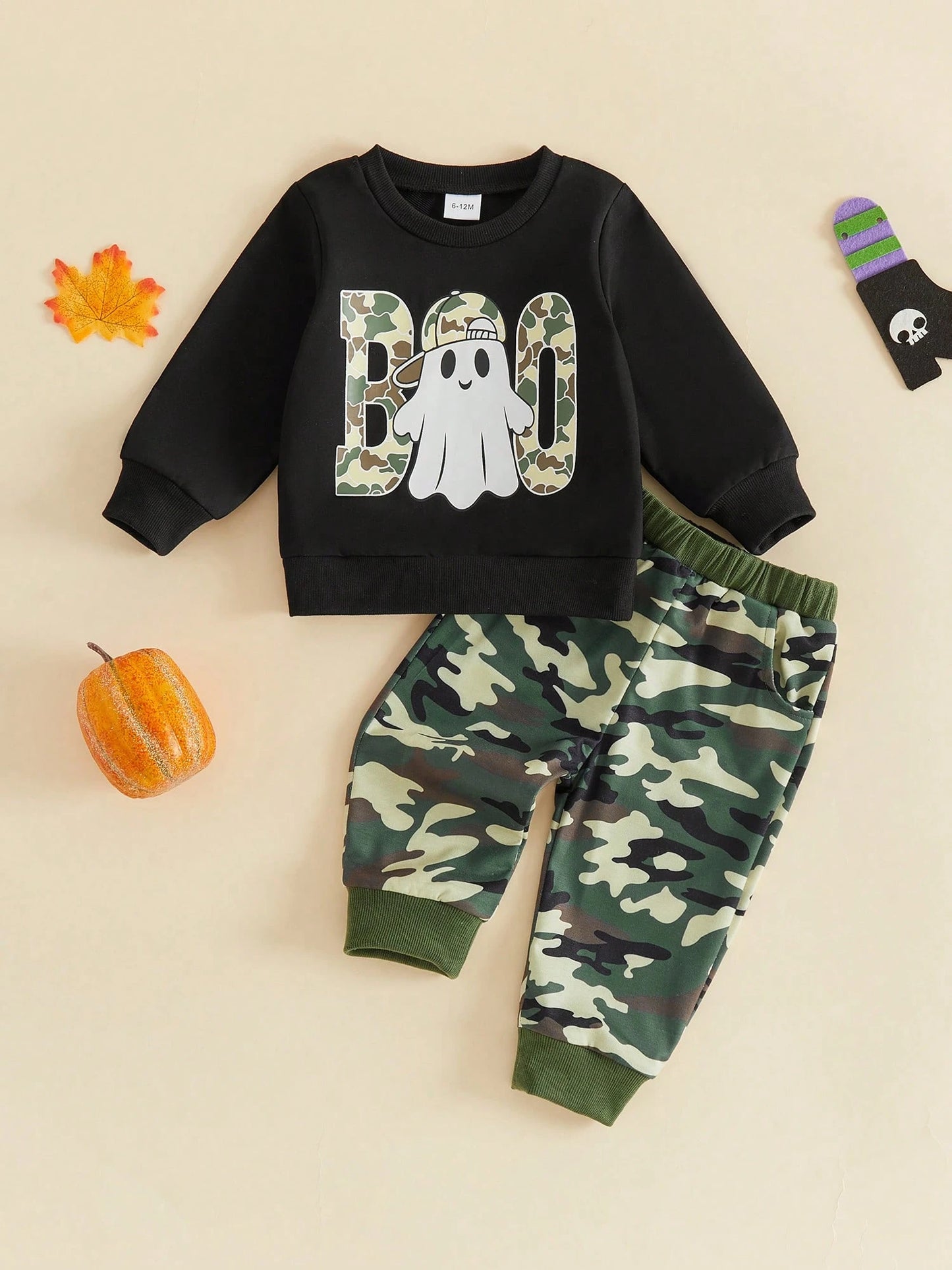 Toddler Boy Halloween Outfits Ghost Print Crew Neck Sweatshirt And Pants