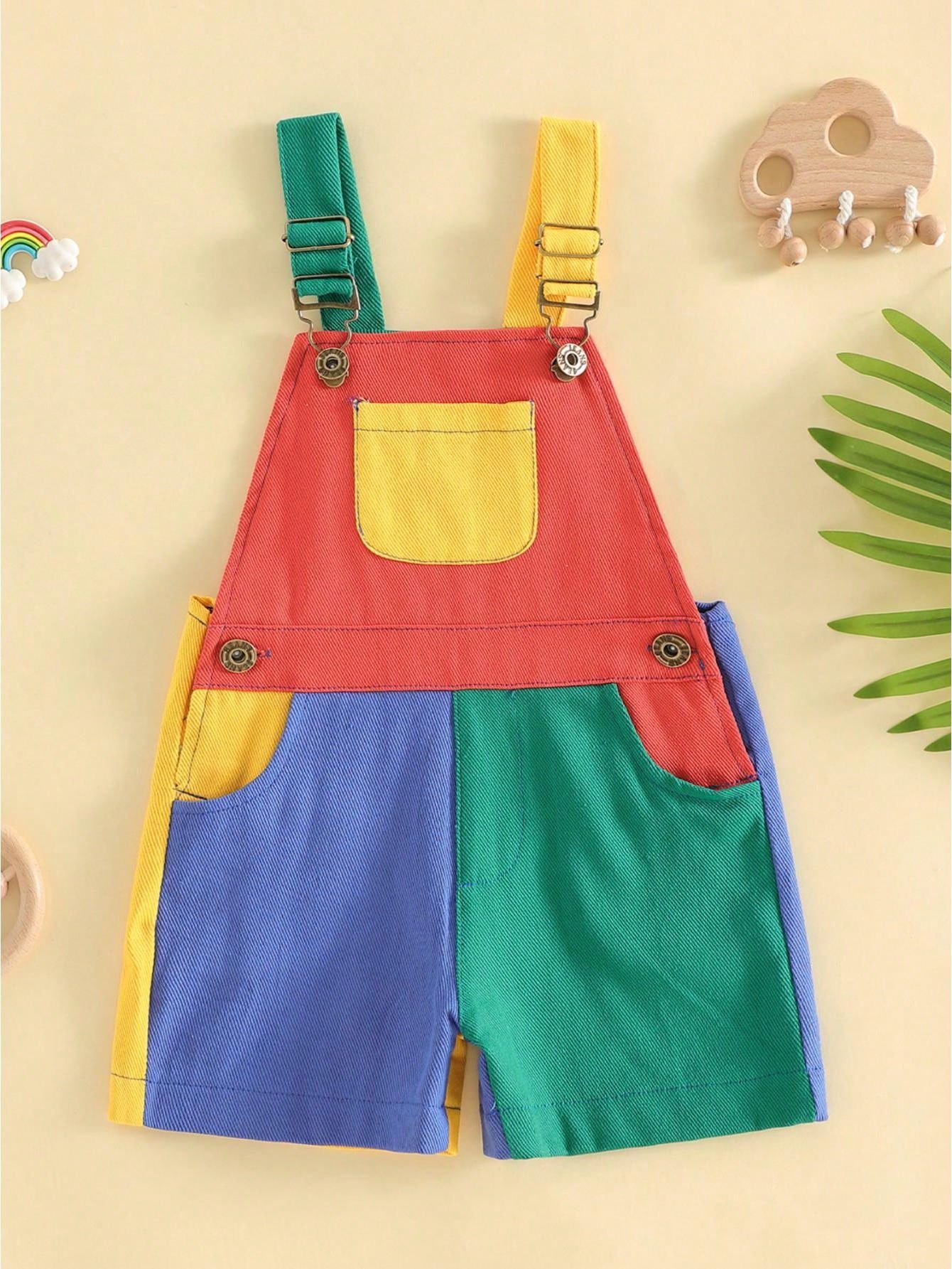 Toddler Boys Girls Contrast Color Overalls With Pockets Sleeveless Dungaree Overall Adjustable Wide Shoulder Straps Suspender Shorts