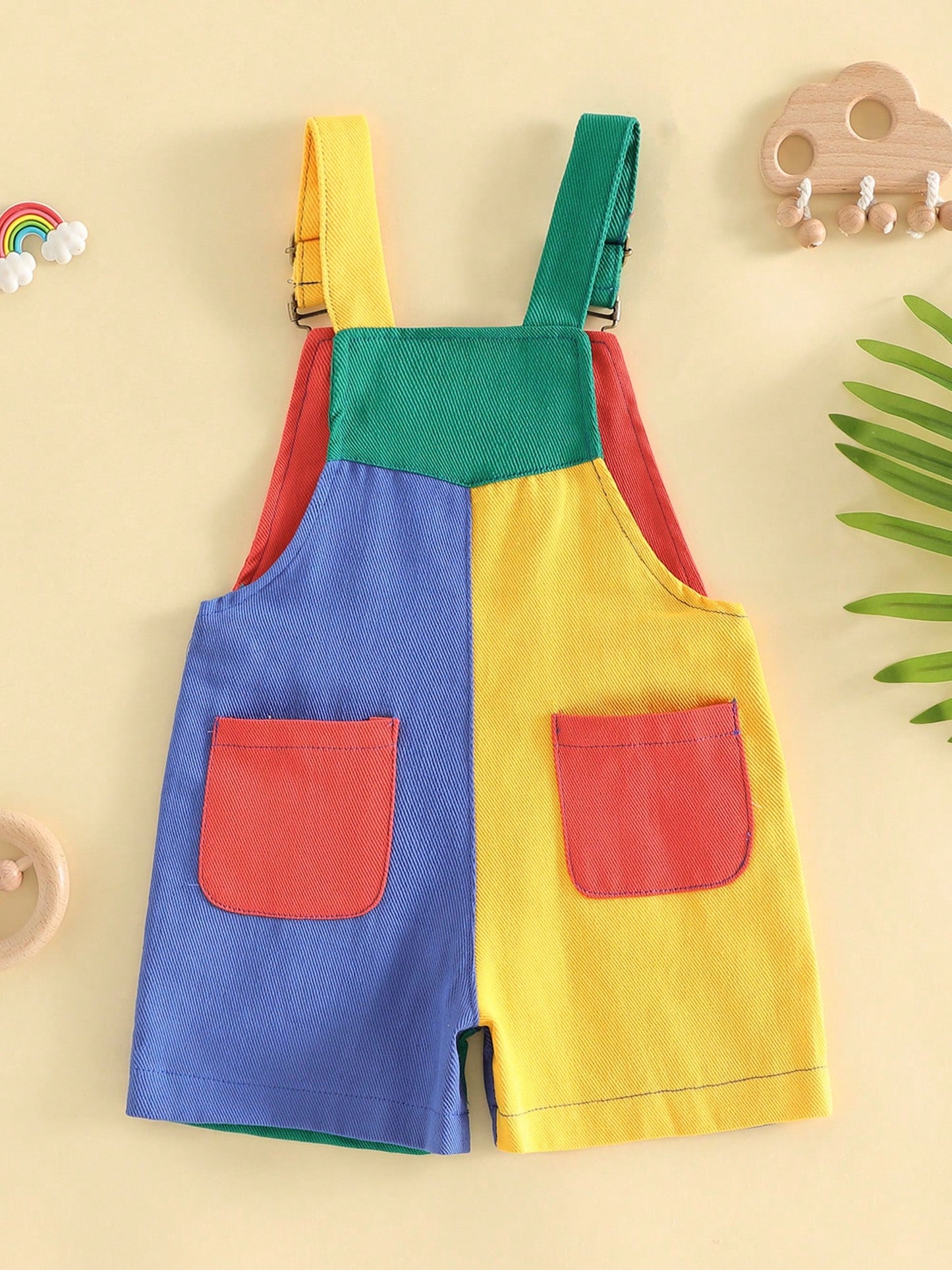 Toddler Boys Girls Contrast Color Overalls With Pockets Sleeveless Dungaree Overall Adjustable Wide Shoulder Straps Suspender Shorts
