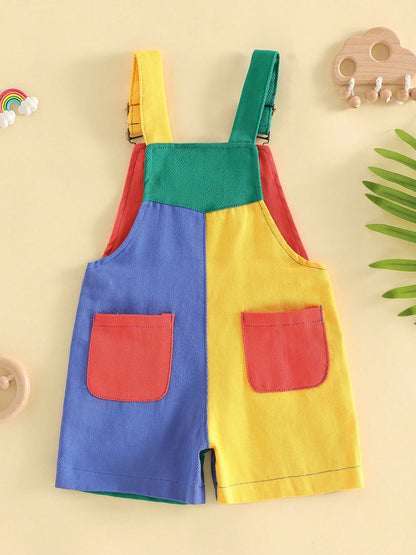 Toddler Boys Girls Contrast Color Overalls With Pockets Sleeveless Dungaree Overall Adjustable Wide Shoulder Straps Suspender Shorts
