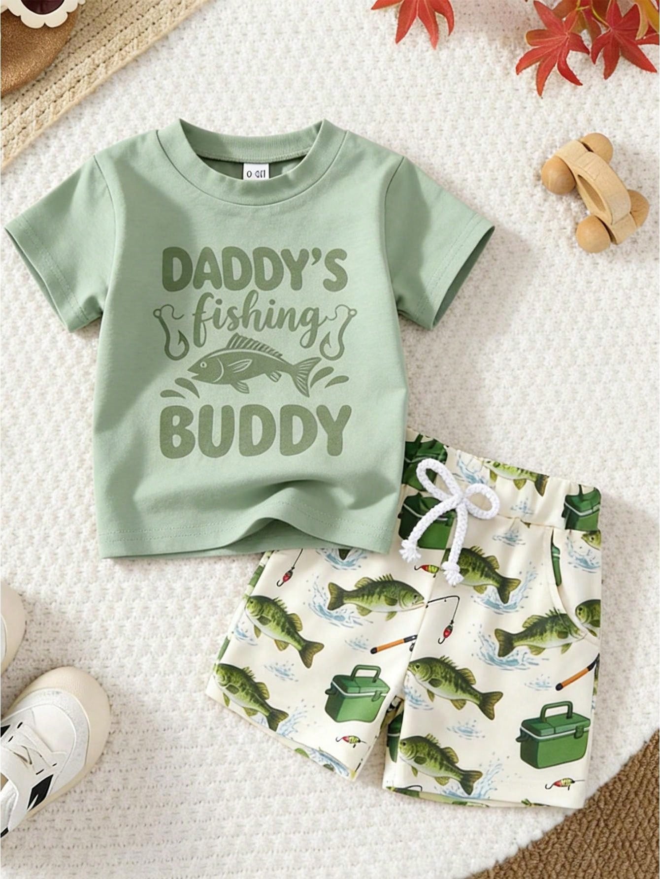 Toddler Infant Newborn Baby Boy Clothes Set 0-3T 2 Piece Summer Short Sleeve Crew Neck T Shirt Shorts Outfit Fishing Daddy's Fishing Buddy Print Daily Casual Wear