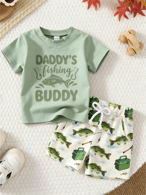 Toddler Infant Newborn Baby Boy Clothes Set 0-3T 2 Piece Summer Short Sleeve Crew Neck T Shirt Shorts Outfit Fishing Daddy's Fishing Buddy Print Daily Casual Wear