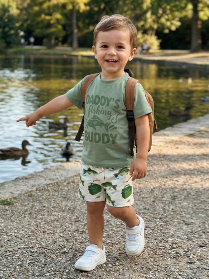 Toddler Infant Newborn Baby Boy Clothes Set 0-3T 2 Piece Summer Short Sleeve Crew Neck T Shirt Shorts Outfit Fishing Daddy's Fishing Buddy Print Daily Casual Wear