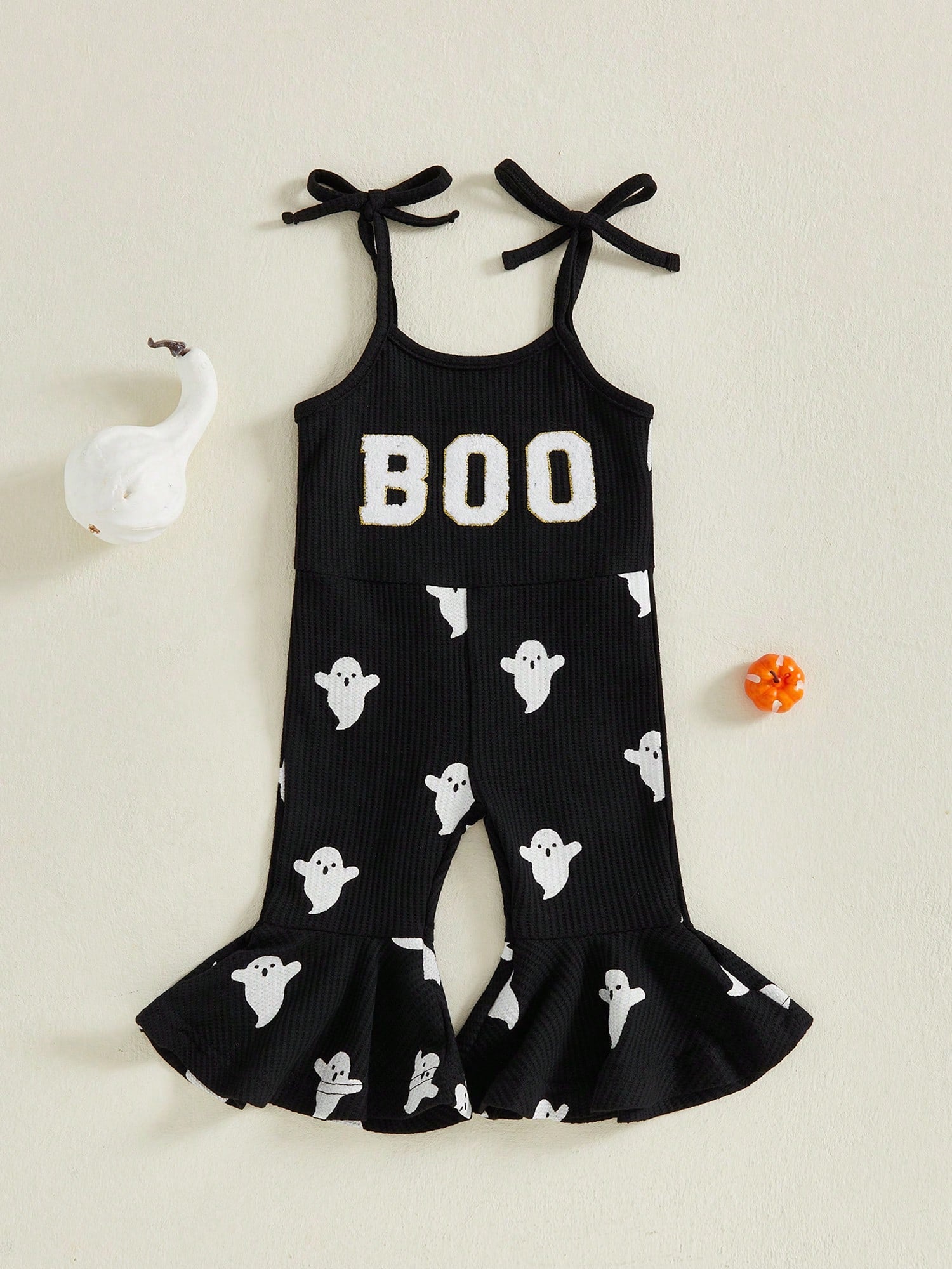 Toddler Kids Girls Halloween Overalls Jumpsuit Ghost Print Boo Embroidery Tie-Up Spaghetti Strap Flare Pants Romper
