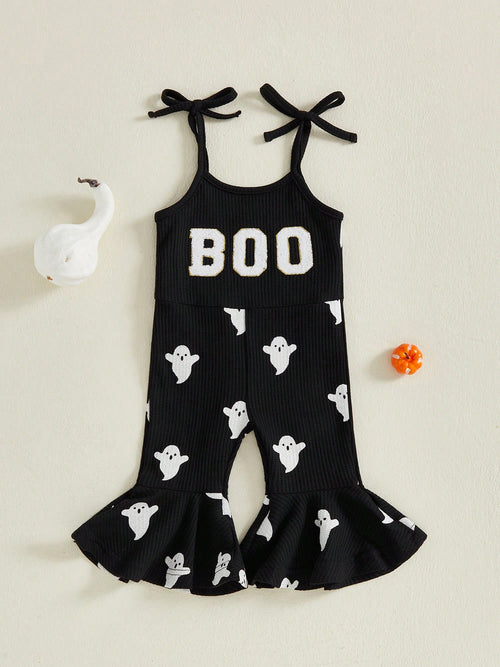 Toddler Kids Girls Halloween Overalls Jumpsuit Ghost Print Boo Embroidery Tie-Up Spaghetti Strap Flare Pants Romper