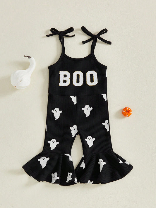 Toddler Kids Girls Halloween Overalls Jumpsuit Ghost Print Boo Embroidery Tie-Up Spaghetti Strap Flare Pants Romper