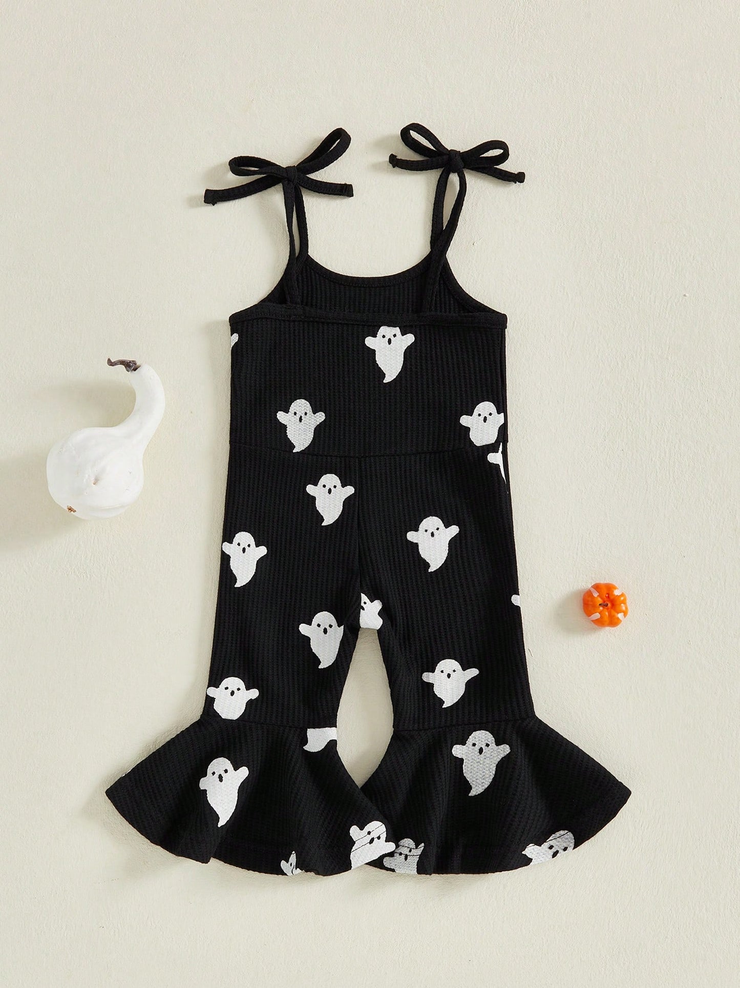 Toddler Kids Girls Halloween Overalls Jumpsuit Ghost Print Boo Embroidery Tie-Up Spaghetti Strap Flare Pants Romper