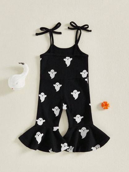 Toddler Kids Girls Halloween Overalls Jumpsuit Ghost Print Boo Embroidery Tie-Up Spaghetti Strap Flare Pants Romper