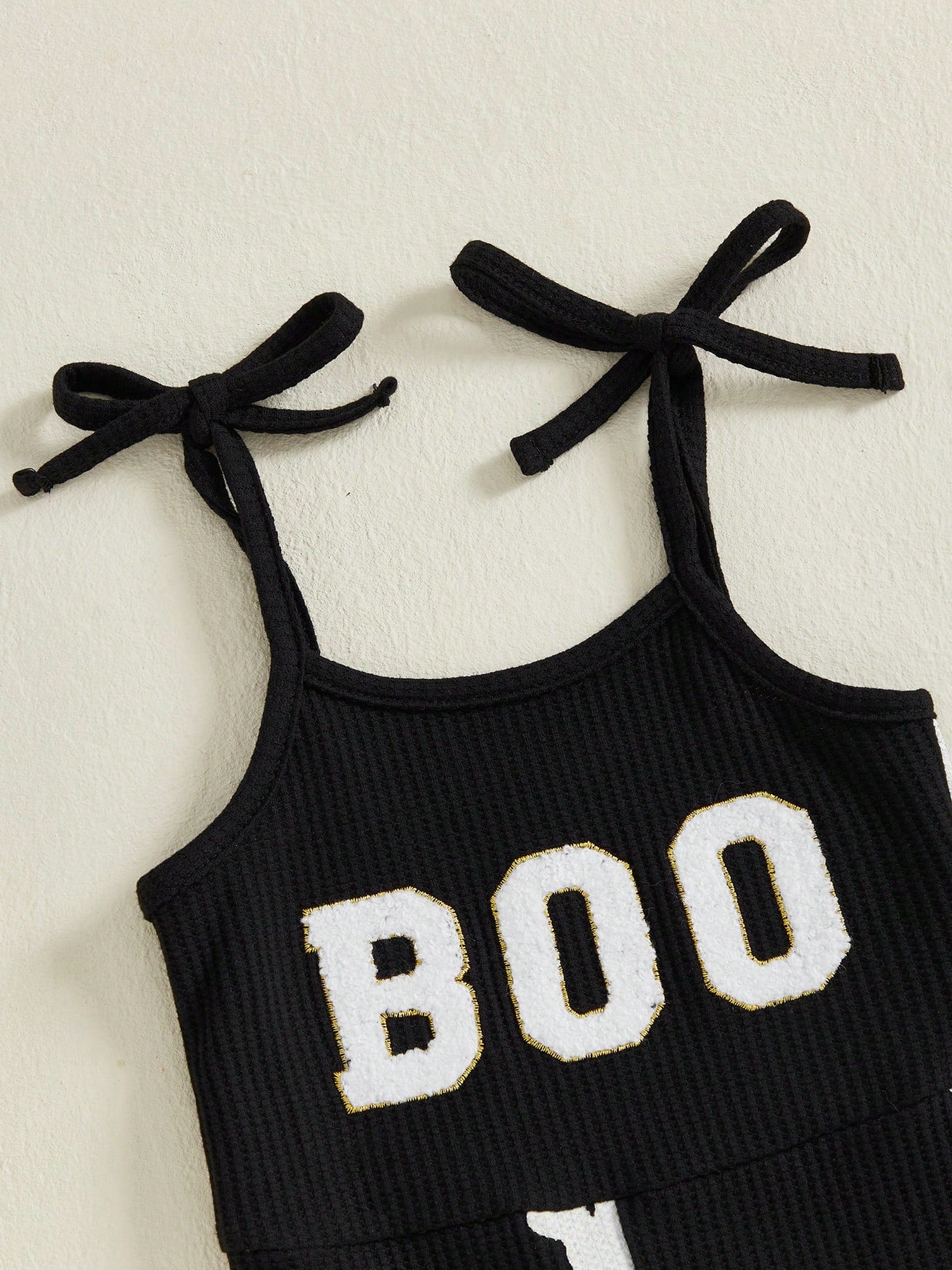 Toddler Kids Girls Halloween Overalls Jumpsuit Ghost Print Boo Embroidery Tie-Up Spaghetti Strap Flare Pants Romper