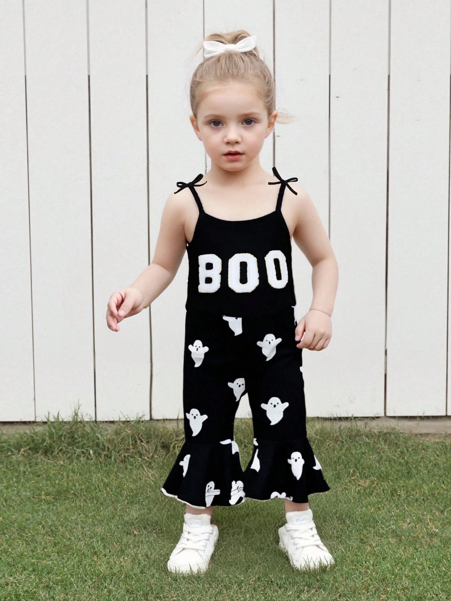 Toddler Kids Girls Halloween Overalls Jumpsuit Ghost Print Boo Embroidery Tie-Up Spaghetti Strap Flare Pants Romper