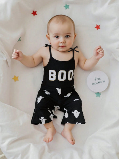 Toddler Kids Girls Halloween Overalls Jumpsuit Ghost Print Boo Embroidery Tie-Up Spaghetti Strap Flare Pants Romper