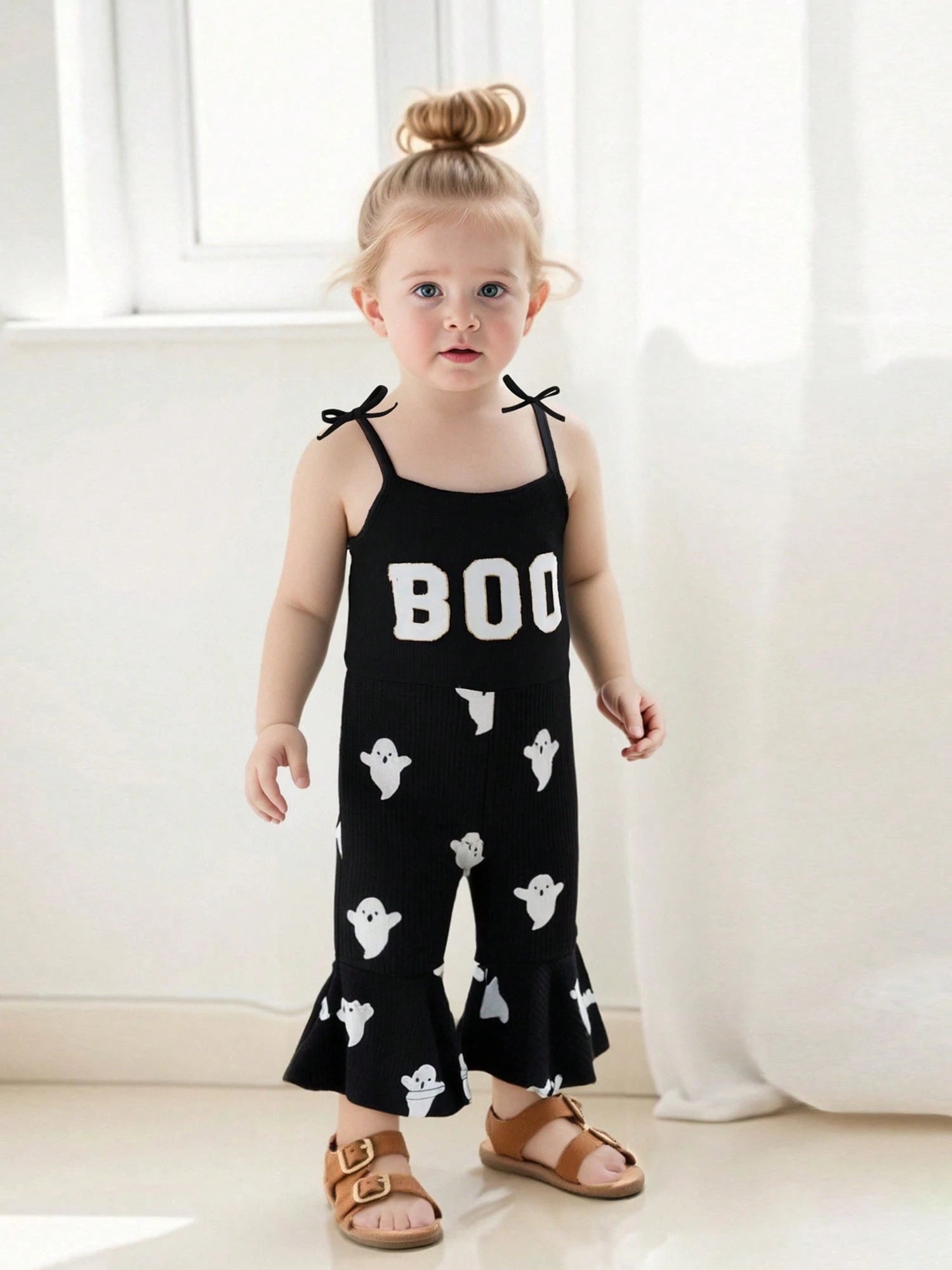 Toddler Kids Girls Halloween Overalls Jumpsuit Ghost Print Boo Embroidery Tie-Up Spaghetti Strap Flare Pants Romper