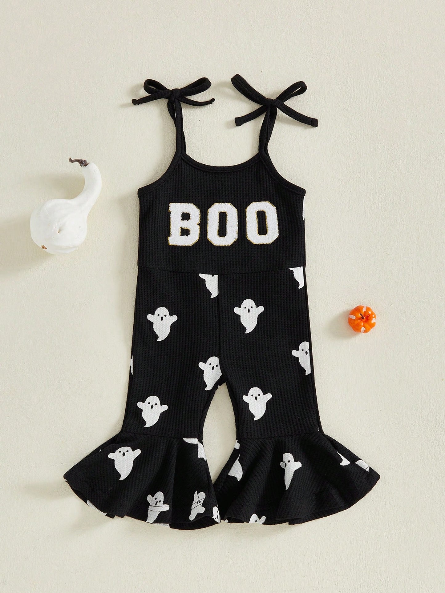 Toddler Kids Girls Halloween Overalls Jumpsuit Ghost Print Boo Embroidery Tie-Up Spaghetti Strap Flare Pants Romper