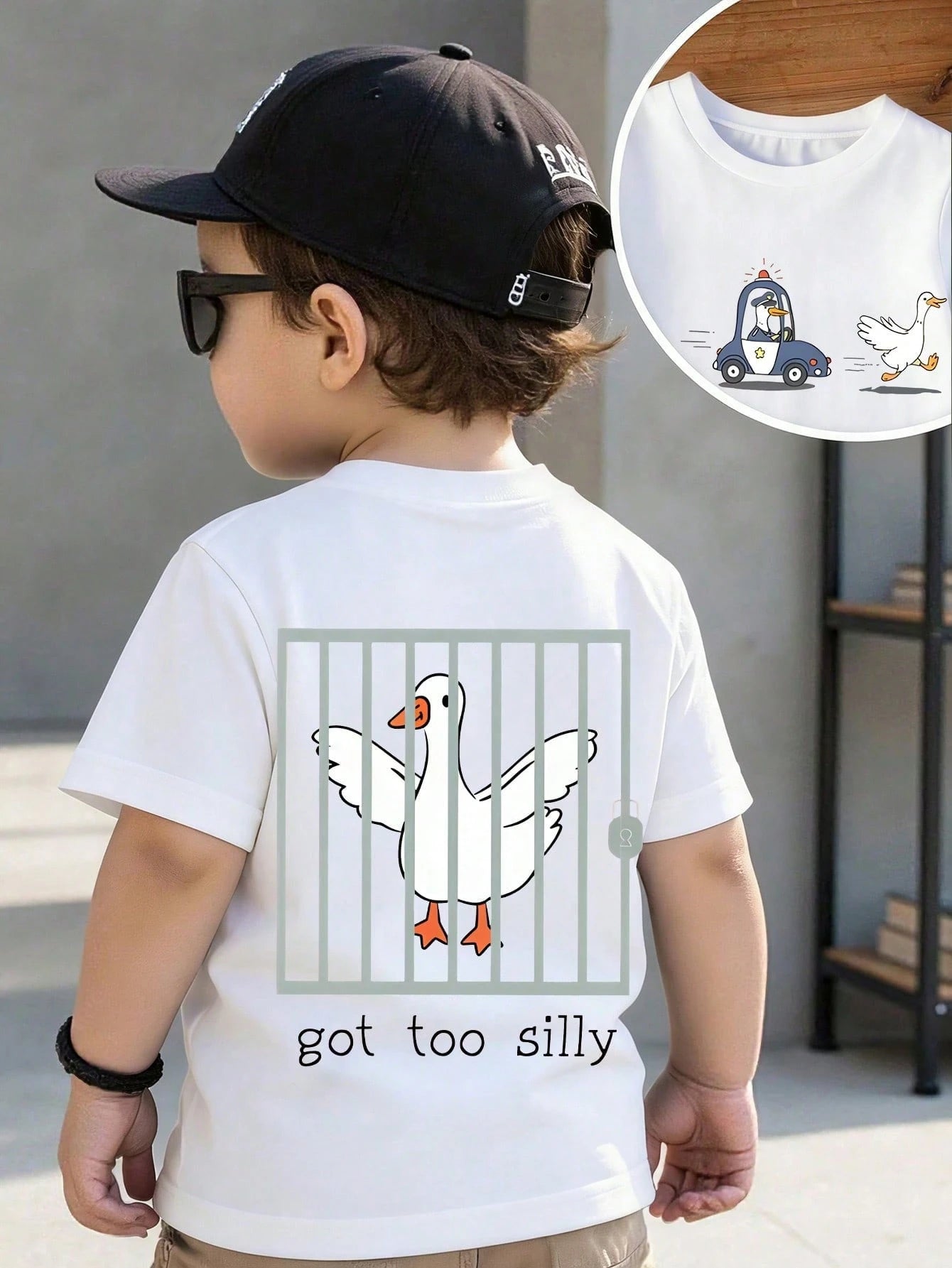 Toddler White Short Sleeve T-Shirt Got Too Silly Double Side Cartoon Police Goose Jail Funny Cute Casual Kids Soft Baby Tee