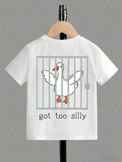 Toddler White Short Sleeve T-Shirt Got Too Silly Double Side Cartoon Police Goose Jail Funny Cute Casual Kids Soft Baby Tee