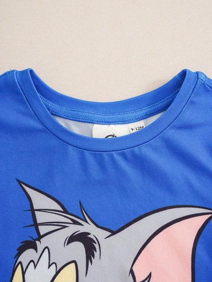 TOM & JERRY X Baby Boy Cartoon Print Round Neck Short Sleeve T-Shirt And Casual Shorts Set