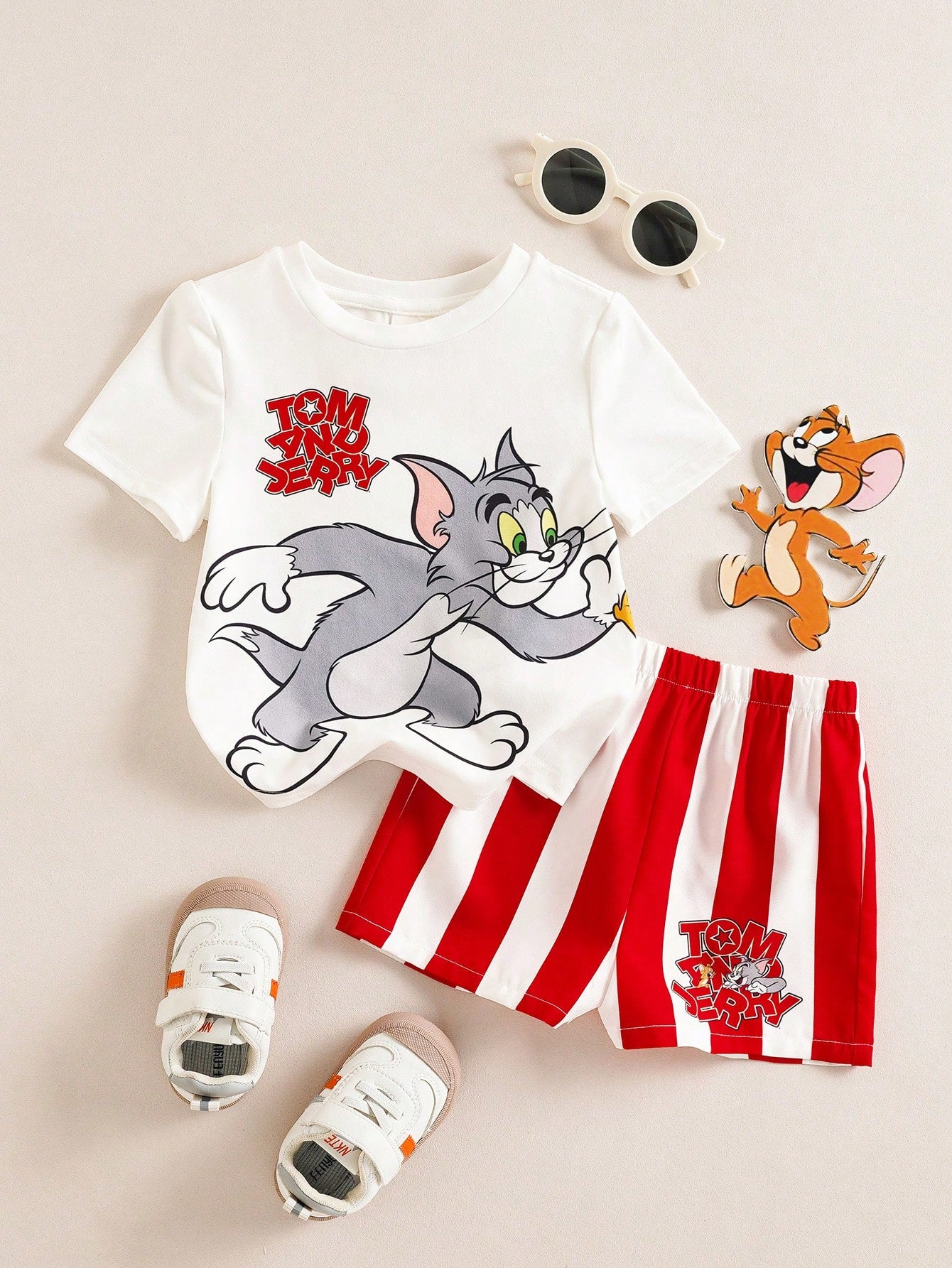 TOM & JERRY X Baby Boy Cartoon Print Round Neck Short Sleeve T-Shirt And Casual Shorts Set