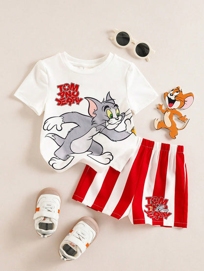 TOM & JERRY X Baby Boy Cartoon Print Round Neck Short Sleeve T-Shirt And Casual Shorts Set
