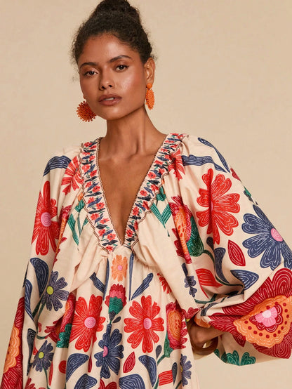 Travachic Beige Autumn Boho Floral Print V-Neck Long Sleeve Mini Chiffon Dress For Women,Elegant Holiday Tea Party,Beach Vacation Outfits,Bohemian Sun Dress