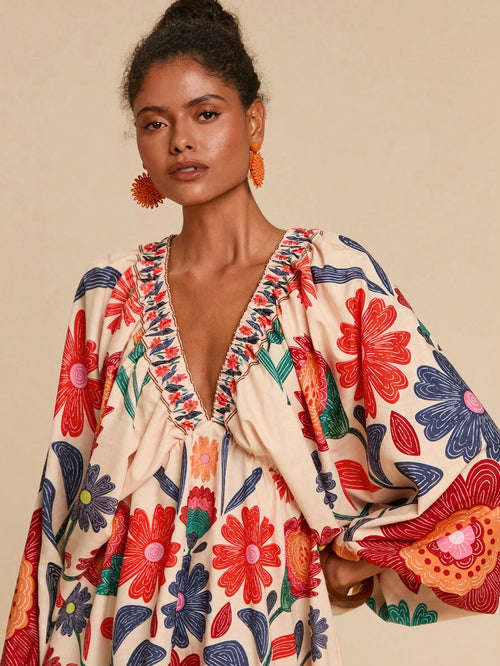 Travachic Beige Autumn Boho Floral Print V-Neck Long Sleeve Mini Chiffon Dress For Women,Elegant Holiday Tea Party,Beach Vacation Outfits,Bohemian Sun Dress
