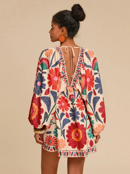 Travachic Beige Autumn Boho Floral Print V-Neck Long Sleeve Mini Chiffon Dress For Women,Elegant Holiday Tea Party,Beach Vacation Outfits,Bohemian Sun Dress