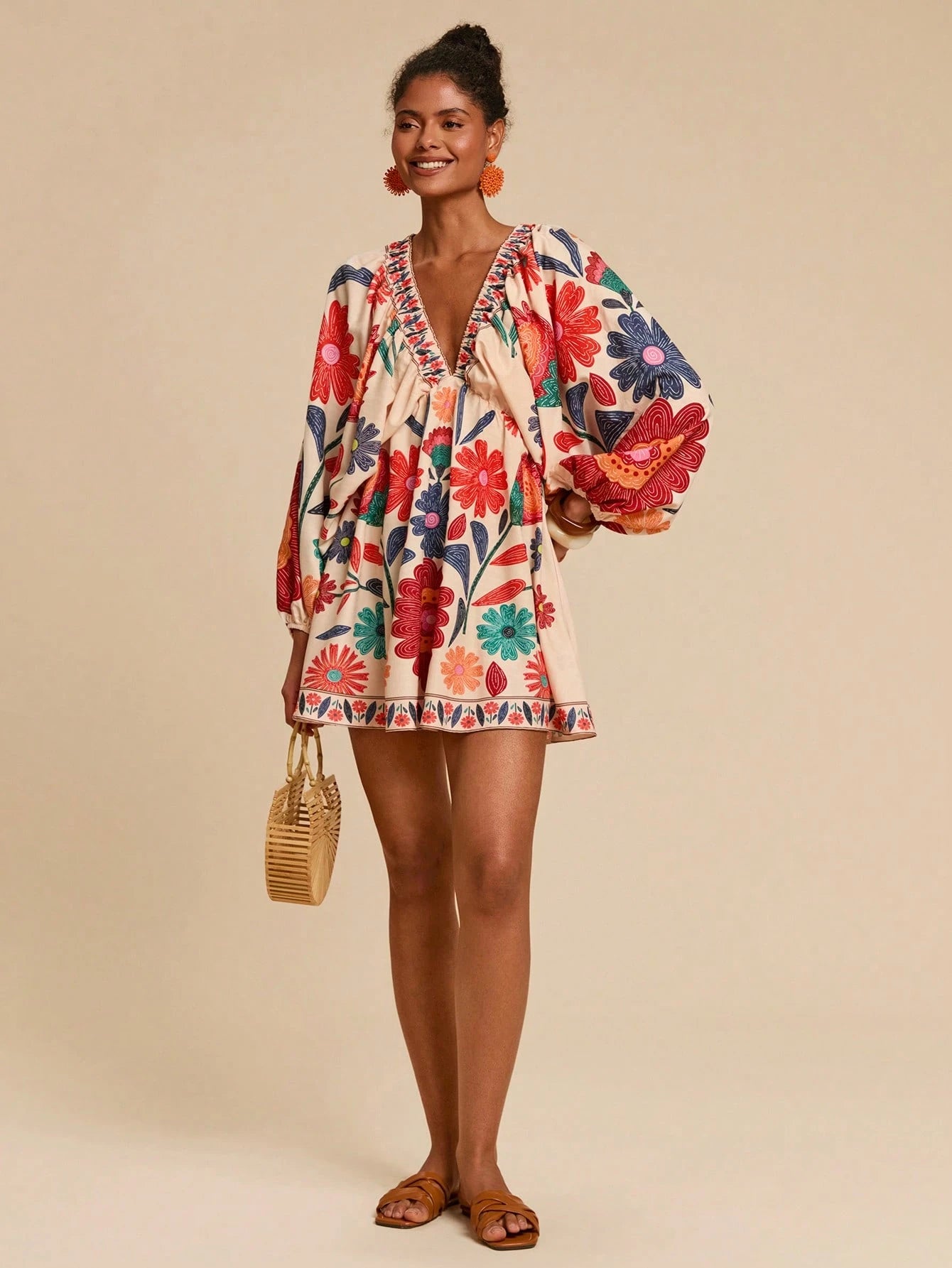 Travachic Beige Autumn Boho Floral Print V-Neck Long Sleeve Mini Chiffon Dress For Women,Elegant Holiday Tea Party,Beach Vacation Outfits,Bohemian Sun Dress