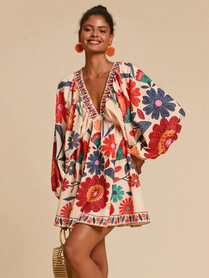 Travachic Beige Autumn Boho Floral Print V-Neck Long Sleeve Mini Chiffon Dress For Women,Elegant Holiday Tea Party,Beach Vacation Outfits,Bohemian Sun Dress