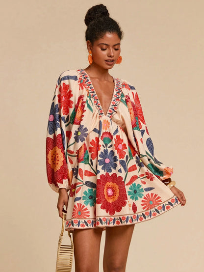 Travachic Beige Autumn Boho Floral Print V-Neck Long Sleeve Mini Chiffon Dress For Women,Elegant Holiday Tea Party,Beach Vacation Outfits,Bohemian Sun Dress