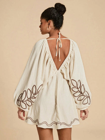 Travachic Embroidered Contrast Color Dress For Women,Brown Striped,Summer,Boho,Holiday,Vacation,Holiday Elegant Floral White Casual Summer Sun Dress,Bohemian Su