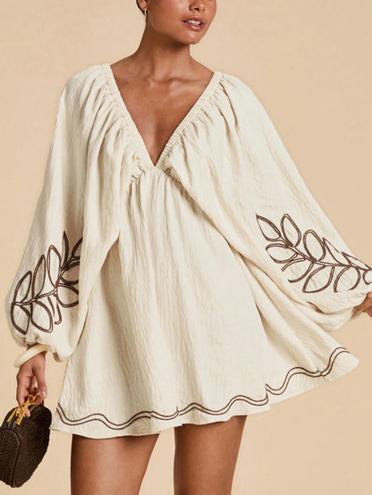 Travachic Embroidered Contrast Color Dress For Women,Brown Striped,Summer,Boho,Holiday,Vacation,Holiday Elegant Floral White Casual Summer Sun Dress,Bohemian Su